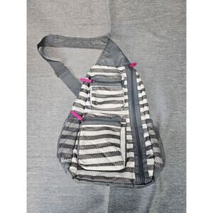 Thirty One Sling Bag Backpack Crossbody Grey Wave White Pink Striped Adjustable
